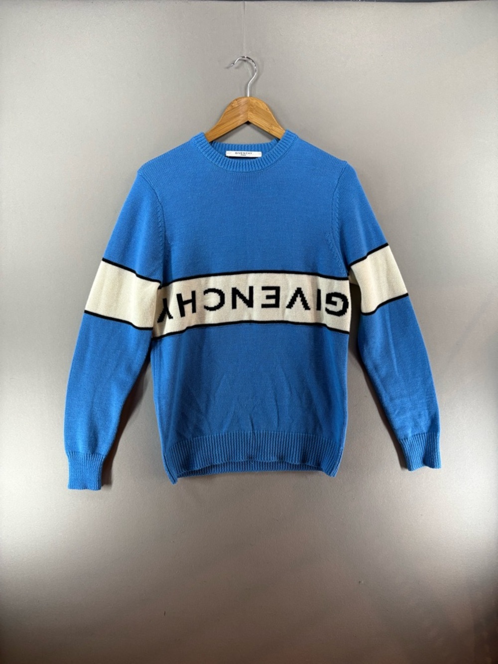 Givenchy Men Upside Down Logo Knit Sweater Medium Blue Pullover Long Sleeve